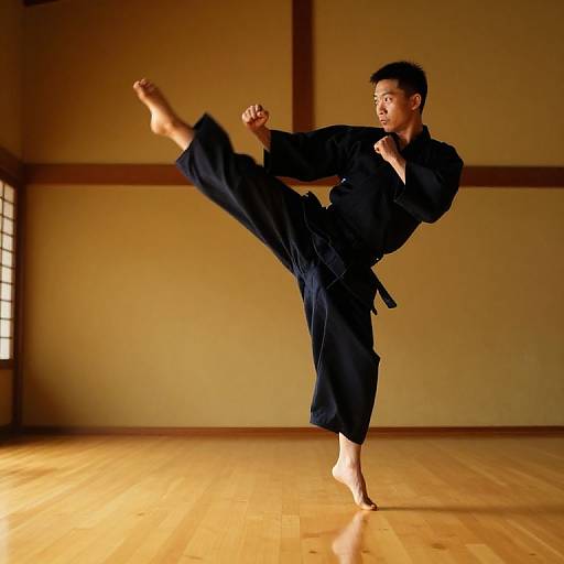 Photograph of an Asian man in a black karate gi, performing a high front kick in a traditional Japanese dojo with wooden floors and beige walls.