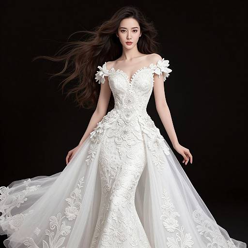 Photograph of a stunning woman in a white, off-shoulder, lace wedding gown with floral embroidery, flowing skirt, and long dark hair against
