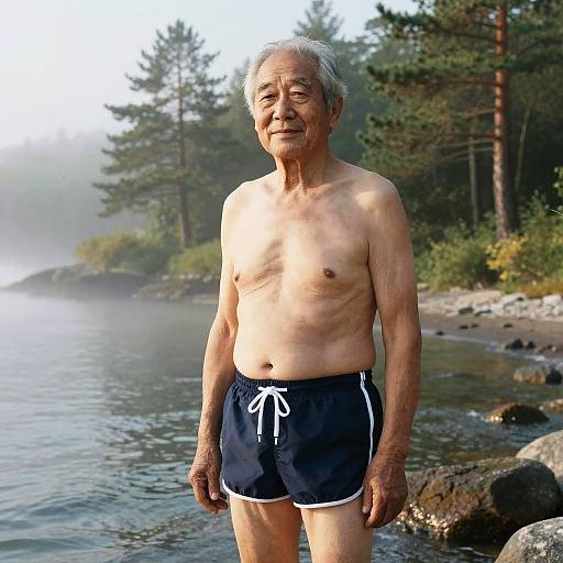 Elderly Man on Misty Pine Shore