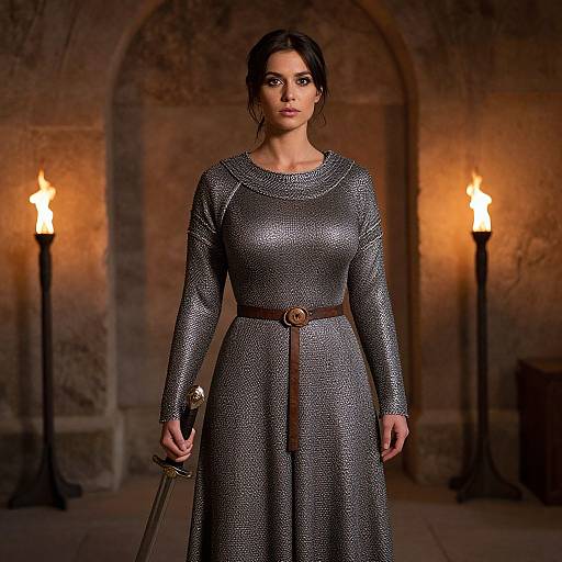 Photograph of a stern-faced woman with dark hair in a silver, long-sleeved, textured medieval dress, standing in a dimly lit stone