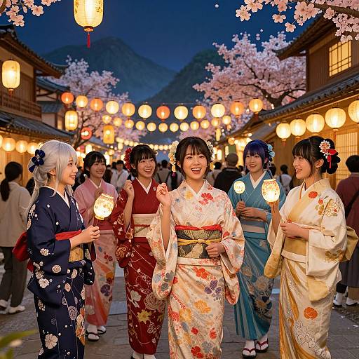 Photograph of five smiling Japanese women in colorful kimonos, holding paper lanterns, standing in a cherry blossom-lit traditional street at night.