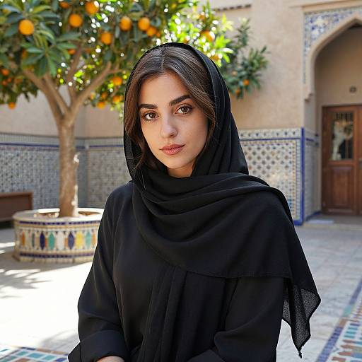 Photograph of a young woman with olive skin, dark brown eyes, and long black hair, wearing a black hijab and long black top, standing