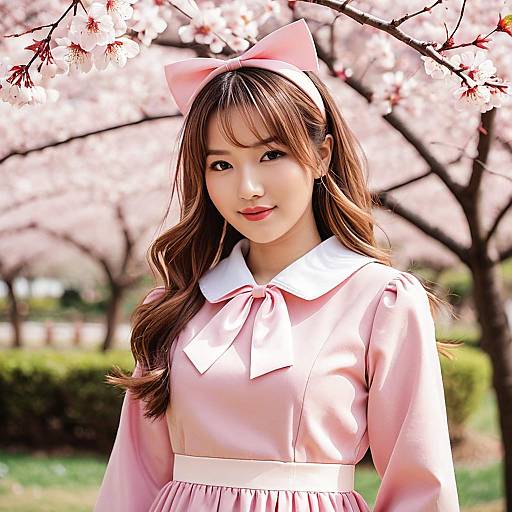 Asian Woman in Pink Dress Among Cherry Blossoms