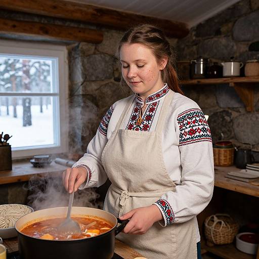 Photograph of a fair-skinned woman with brown hair, wearing a white embroidered apron and traditional Baltic-style blouse, stirring a pot of steaming