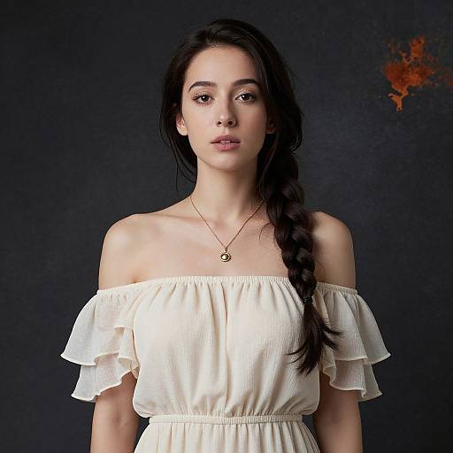 Photograph of a young woman with long black hair in a braid, wearing an off-shoulder white dress and a gold necklace, against a