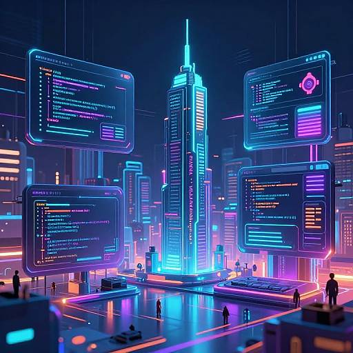 Neon-lit cyber cityscape with glowing, floating code screens, towering skyscraper, and small silhouetted figures. Digital art, vibrant