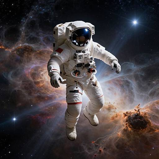 Photograph-style CGI of an astronaut in a white spacesuit floating in a vibrant, colorful nebula with stars and cosmic dust.