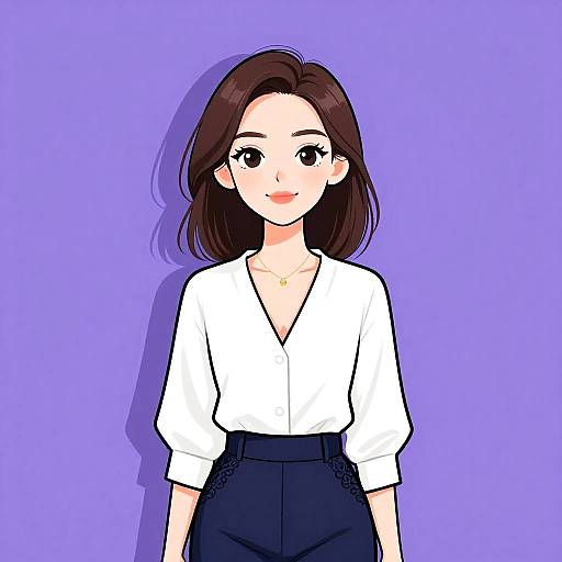 Digital anime-style drawing of a smiling woman with brown hair, wearing a white blouse and black high-waisted pants, against a solid purple background.