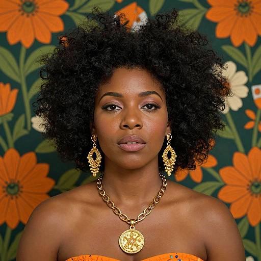 Photograph of an African-American woman with dark skin and curly black hair, wearing orange strapless top, gold chain necklace, and ornate earrings,