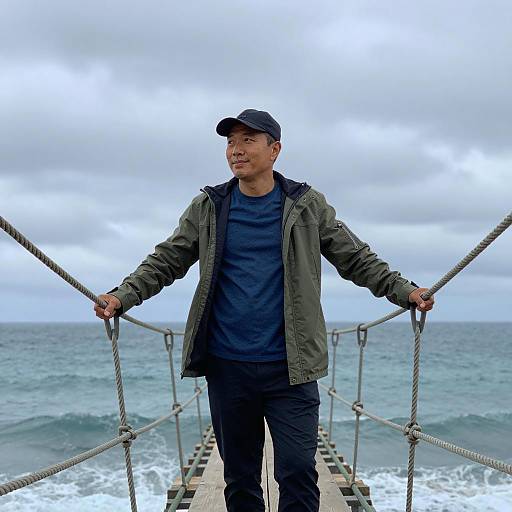 Adventurous Man on Ocean Bridge
