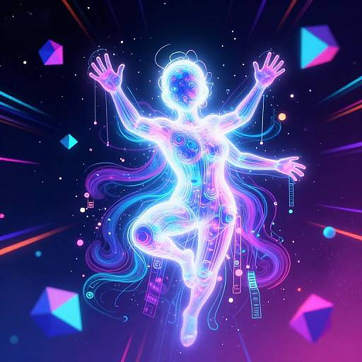 Neon, cybernetic female figure with glowing blue and purple lines, floating in a dark, starry background with colorful geometric shapes. Digital art