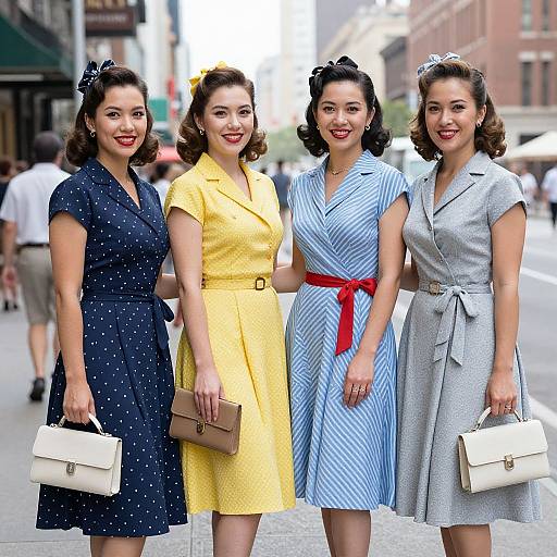 Photograph of four smiling women in 1950s-style dresses, holding white handbags, standing on a city street with blurred background.