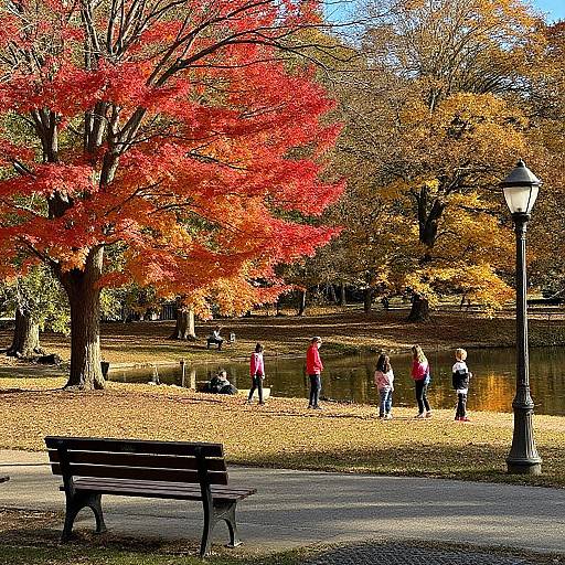 Photograph of a park with vibrant red and orange autumn leaves, several people walking near a calm pond, black lampposts, and a empty
