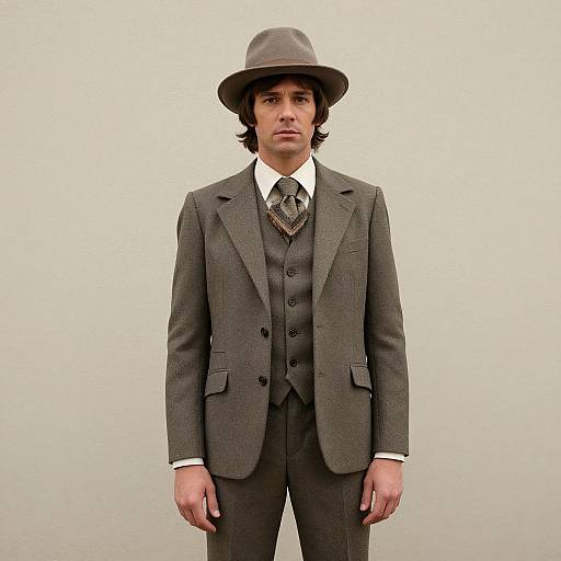 Photograph of a young man with medium skin tone, dark hair, wearing a gray three-piece suit, striped tie, and gray fedora, standing