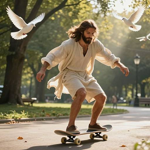 Photograph of a bearded man with long brown hair in a white robe skateboarding in a sunlit park, with two white birds flying nearby.
