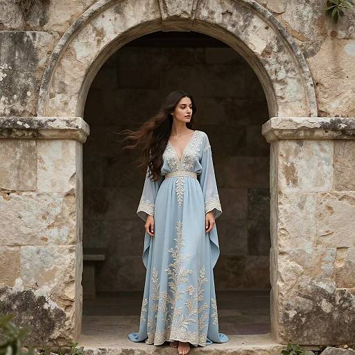 Photograph of a slender woman with long dark hair, wearing a light blue, long-sleeved gown with white floral embroidery, standing in a worn