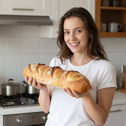 Photograph of a smiling, brunette woman with fair skin, wearing a white t-shirt, holding a large, golden-brown, crusty bagu