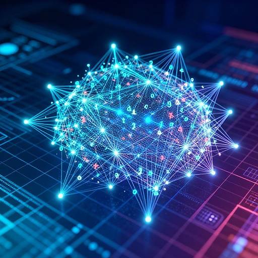 Digital illustration of a glowing, blue and white network of interconnected stars and nodes on a dark, grid-patterned background.