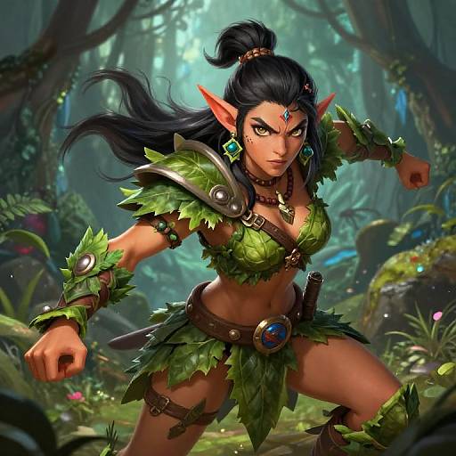 Digital fantasy artwork of a fierce, dark-skinned elf woman with long black hair, green leaf armor, and pointed ears, fighting in a lush,