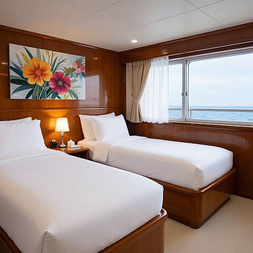 Photograph of a cozy wooden cabin room with two white-bedded twin beds, floral painting above, lamp on nightstand, window with beige curtains,