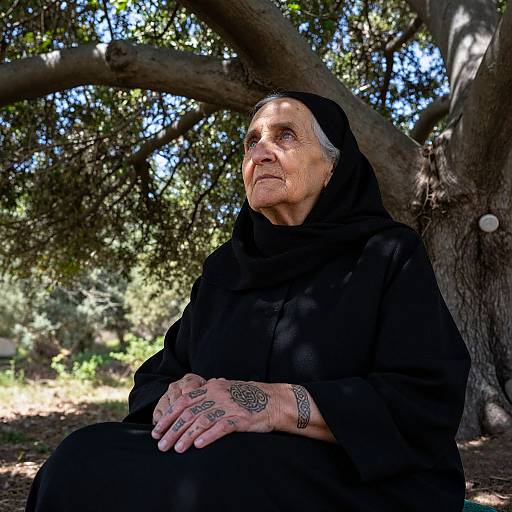 Photograph of an elderly woman with gray hair, wearing a black nun's habit, sitting under a large tree with dappled sunlight, hands resting