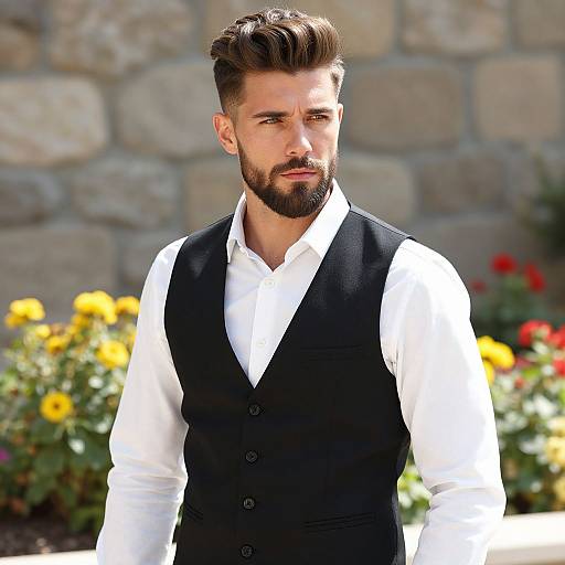 Photograph of a handsome, bearded man with dark hair, wearing a black vest over a white shirt, standing in front of a stone wall with