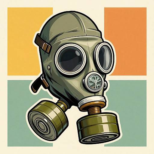 Digital illustration of a green, cartoon-style gas mask with large round eyes, circular filter, and cylindrical filters, set against an orange and teal geometric background