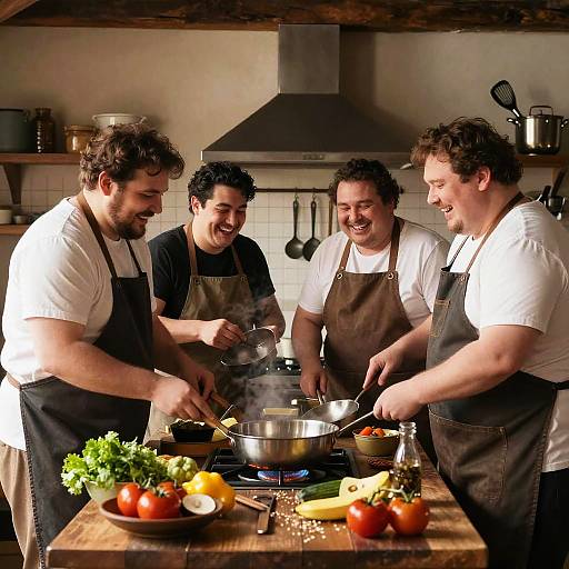 Four men cooking together in rustic kitchen
