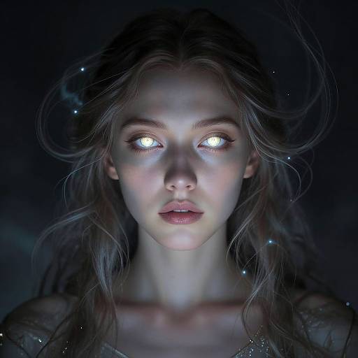 Photograph-like digital artwork of a pale-skinned, wide-eyed woman with glowing white eyes, long wavy hair, and dark, starry background