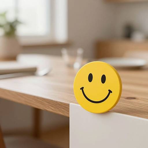 Photograph of a yellow, smiling emoji sticker on a white card, placed on a wooden table in a bright, blurred kitchen.
