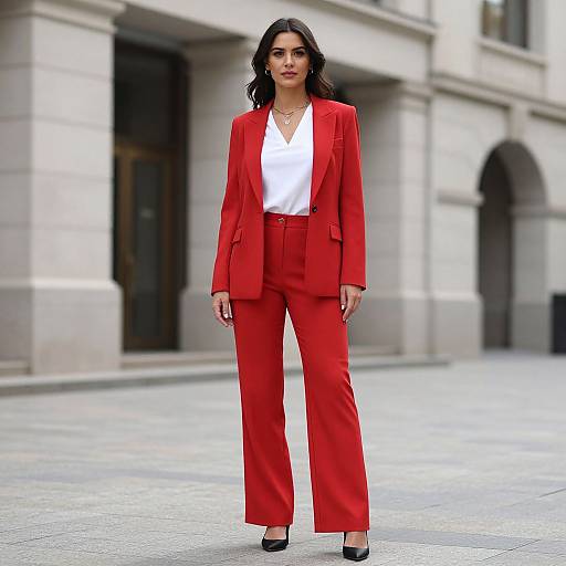 Woman in Red Suit by Building
