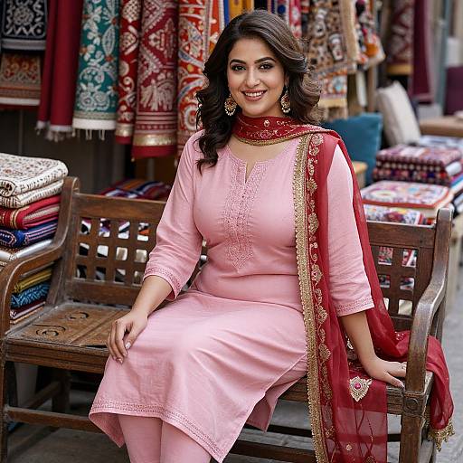 Photograph of a smiling South Asian woman with dark hair, wearing a pink salwar kameez and red embroidered scarf, seated on a wooden bench