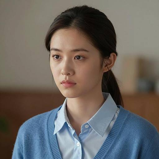 Serious Young Woman in Blue Cardigan