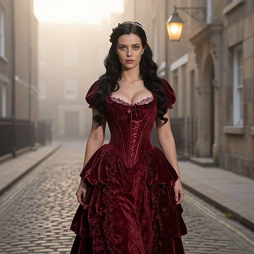 Photograph of a woman with long black hair wearing a red, Victorian-style, corseted dress, standing on a foggy, cobblestone