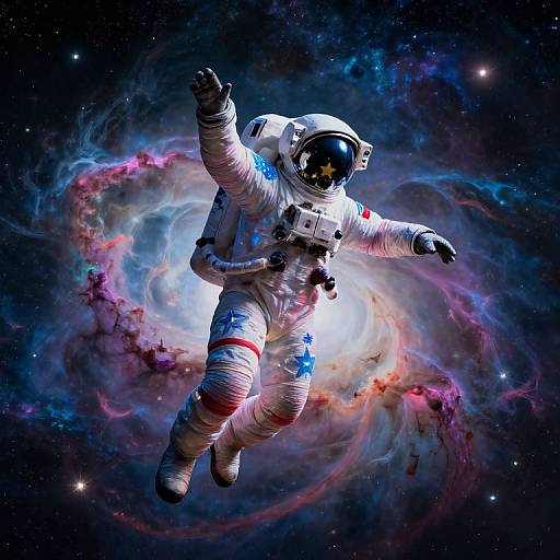 Digital artwork of an astronaut in a white spacesuit with American flag stripes, floating in a vibrant, colorful galaxy with swirling nebulae and stars.