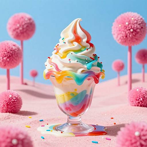 Vibrant, colorful swirl ice cream in a glass dish, topped with sprinkles, set against a surreal pink landscape with pink spherical trees and a