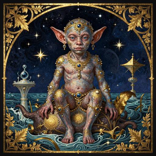 Digital artwork of a small, elfin, humanoid child with large ears, adorned in gold jewelry, sitting on ocean waves under a starry sky.