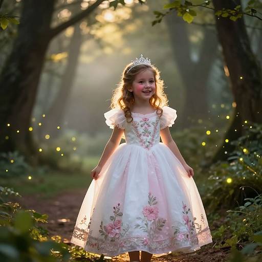 Photograph of a young girl with wavy brown hair, wearing a white floral dress and tiara, standing in a sunlit forest path surrounded by