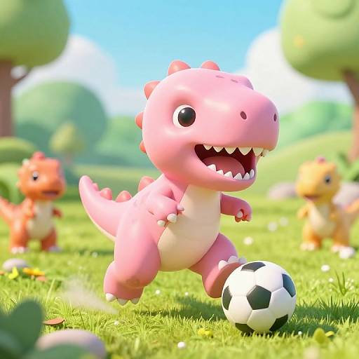 Digital 3D cartoon: Pink chubby dinosaur joyfully kicking black-and-white soccer ball on sunny, green grass field with blurred orange dinosaurs.