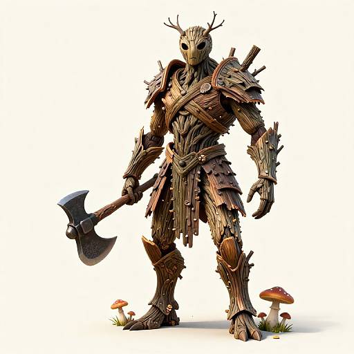 CGI image of a wood-textured, humanoid warrior with antlered mask, holding an axe, standing on white background with two red mushrooms.