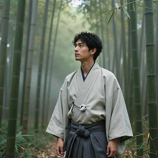 Serene Half-Japanese Man in Bamboo Forest
