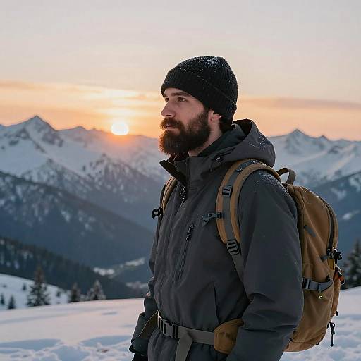 Photograph of bearded man with dark beard, wearing black beanie, gray jacket, and tan backpack, standing in snowy mountain landscape at sunset.