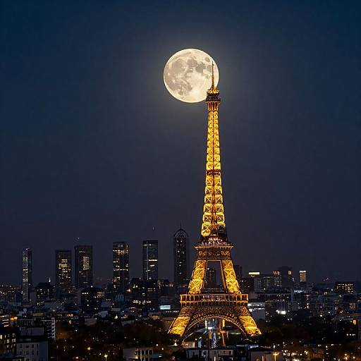 Photograph of the Eiffel Tower illuminated in yellow, standing against a dark blue night sky with a full moon prominently above. Paris cityscape with