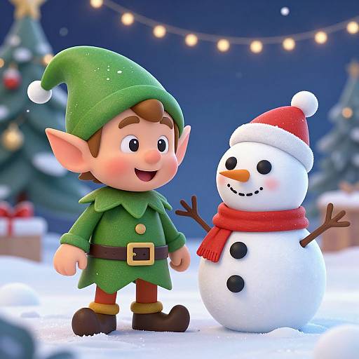 CGI image of a smiling elf in green with a pointed hat and a cheerful snowman with a red hat and scarf, standing in snowy background with