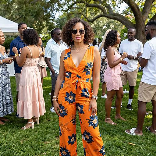 Photograph of a curly-haired woman in a vibrant orange floral jumpsuit, standing confidently at an outdoor gathering with diverse, casually dressed people.