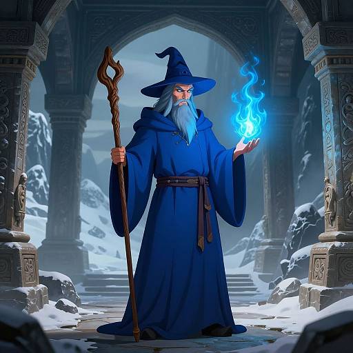Digital art: Wizard with blue robe and hat, long white beard, holding staff and glowing blue flame, standing in snow-covered, ancient stone archway
