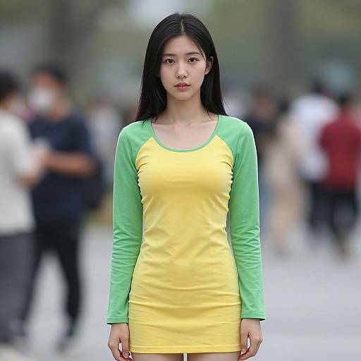 Photograph of an Asian woman with long black hair, wearing a yellow and green raglan shirt, standing in a blurred outdoor crowd.