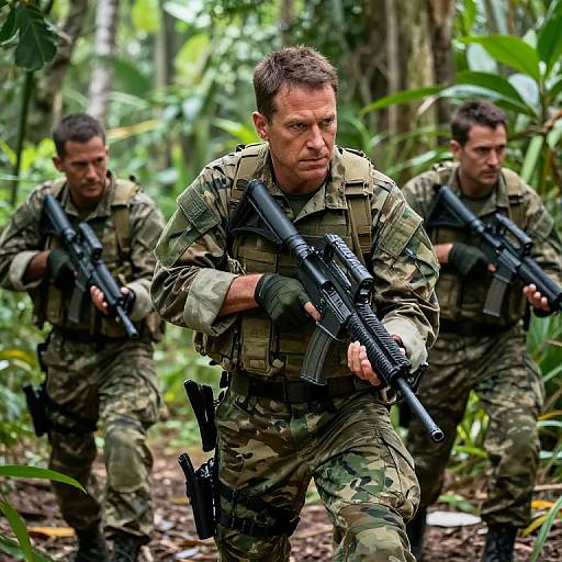 Photograph of three male soldiers in camouflage gear, armed with black rifles, running through a dense, green jungle with focused expressions.