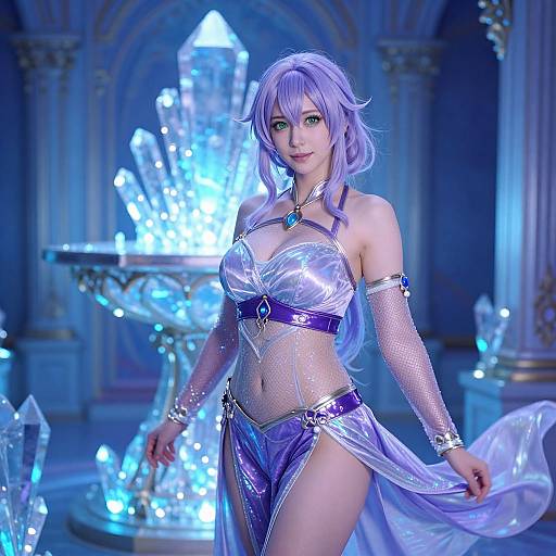 Digital CGI of a beautiful anime-style woman with long lavender hair, wearing a shiny, purple crystal-themed bikini, in a glowing, icy, ornate