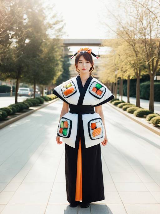 Woman Wearing Sushi Roll Costume Outdoors